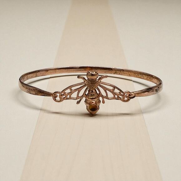 Copper Bee Hook Bracelet Genuine Amber Accent Handmade Artisan Bangle - Picture 3 of 7